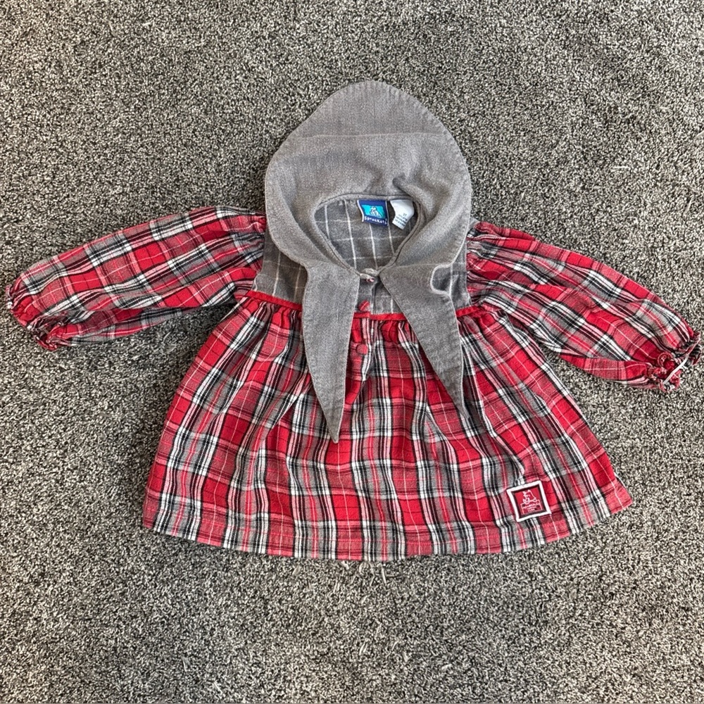 Vintage Sprockets Baby Girl Plaid Sleeved Dress Built In Bonnet Size 2T Red